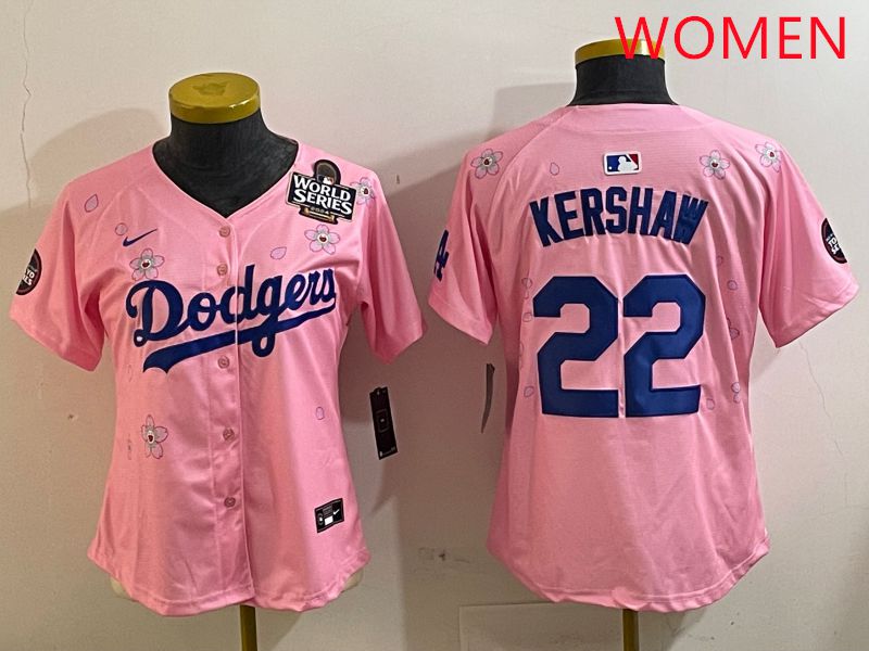 Women Los Angeles Dodgers #22 Kershaw Pink White Blue Sakura Edition 2025 Nike MLB Jersey style 7->women mlb jersey->Women Jersey